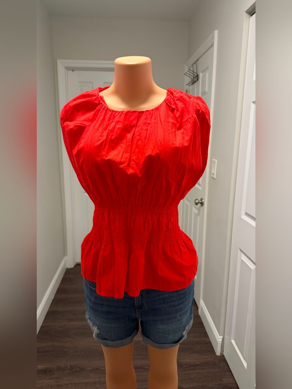 NWT Calvin Klein Red Smocked-Waist Peplum Blouse SIZE XL